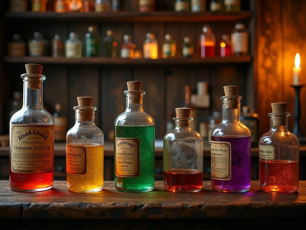 Potion bottles on apothecary shelf