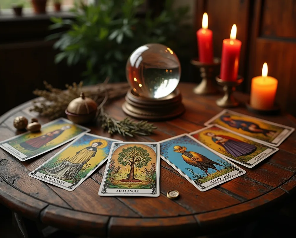 Tarot spread on antique table