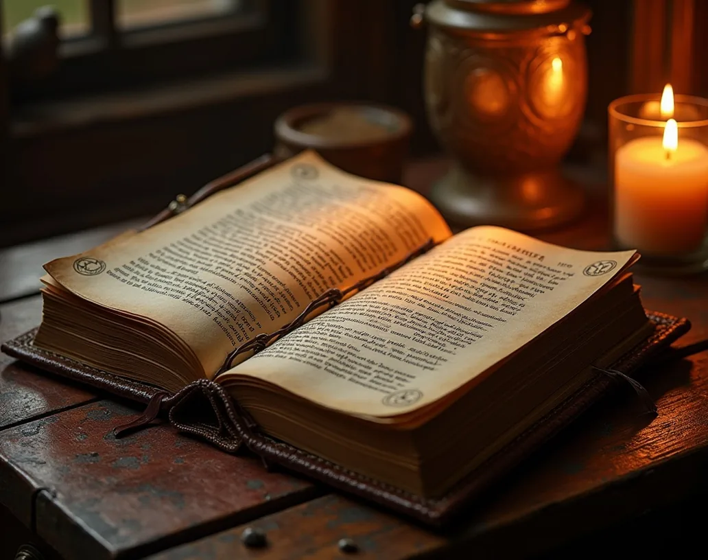 Ancient grimoire open on candlelit desk